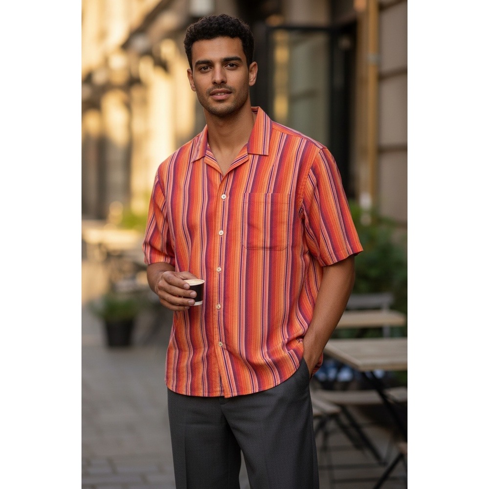 Vintage Whatzup Men's Striped Short Sleeve Button Down Shirt Orange Red Size 3XL